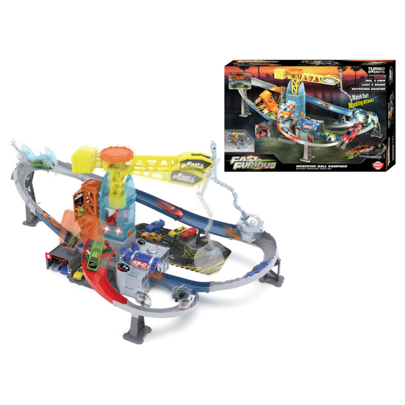 Fast & Furious Spielzeug-Autorennbahn mit Autos und einer illustrierten Verpackung im Hintergrund.