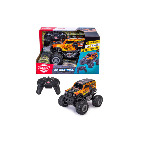 RC Wild Trail Spielzeugtruck mit Fernbedienung, abgebildet in und außerhalb der bunten Dickie Toys Verpackung.