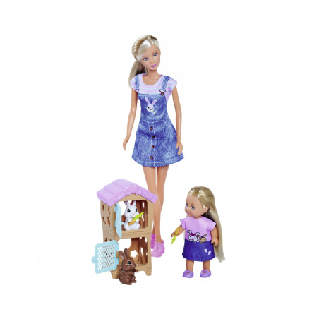 Simba Steffi LOVE & Evi LOVE Rabbit Family – Puppenset mit Hasen, Stall & Zubehör (29/12 cm)