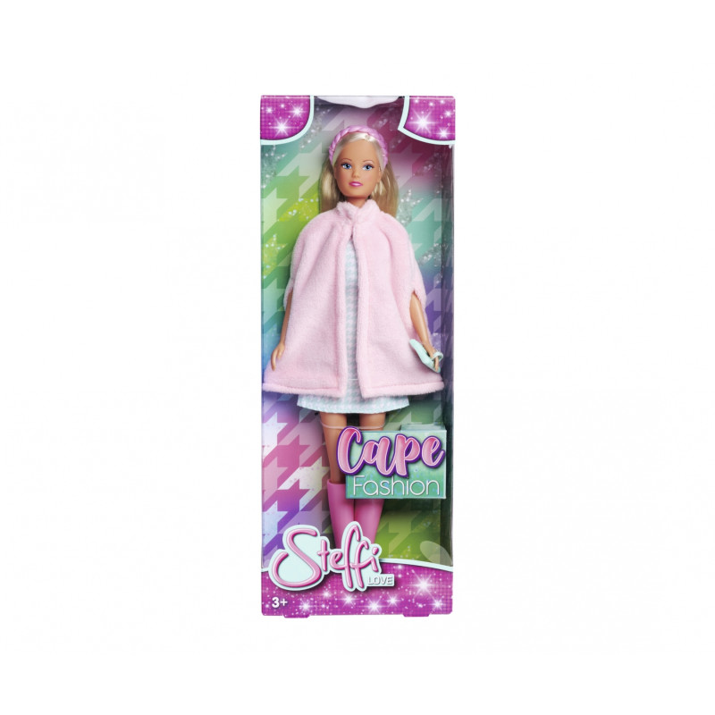 Modepuppe in Box mit pinkem Umhang, pinken Stiefeln und weißem Kleid, beschriftet als Cape Fashion Steffi Love.