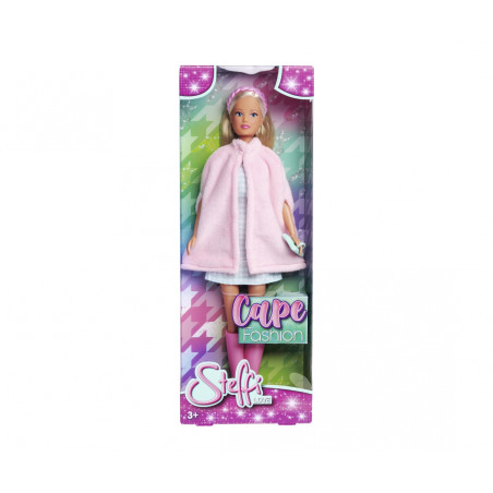 Modepuppe in Box mit pinkem Umhang, pinken Stiefeln und weißem Kleid, beschriftet als Cape Fashion Steffi Love.