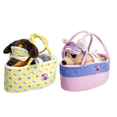 ChiChi LOVE Sleeping Buddy Plüschhund im Körbchen – 2-fach sortiert: ChiChi oder Rocky (15 cm)