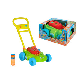 Bunter Spielzeug-Rasenmäher mit Seifenblasen, eine Flasche Blasenlösung und die Verpackung der Spielsache.
