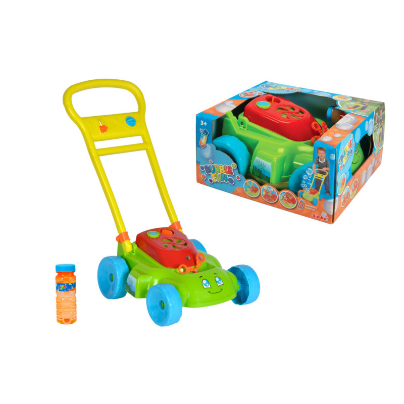 Bunter Spielzeug-Rasenmäher mit Seifenblasen, eine Flasche Blasenlösung und die Verpackung der Spielsache.