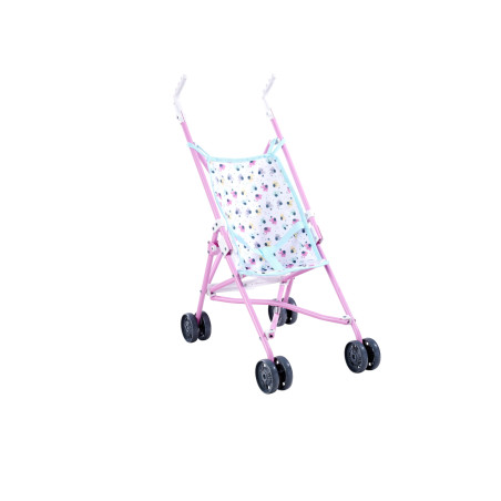 Pinker Puppenwagen mit geblümtem Sitzbezug und schwarzen Rädern, freigestellt vor weißem Hintergrund.