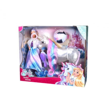 Puppen- und Einhorn-Spielset in bunter Fantasieverpackung mit Schloss im Hintergrund.