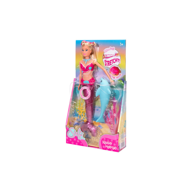 Steffi Love Meerjungfrau-Puppe in bunter Verpackung mit Zubehör, dehnbar und weich, geeignet ab 3 Jahren.