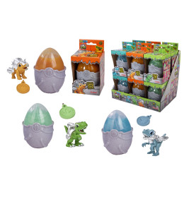 Dinosaurier-Eier mit Überraschungsfiguren und Münzen, teils verpackt, teils zur Ansicht des Inhalts geöffnet.