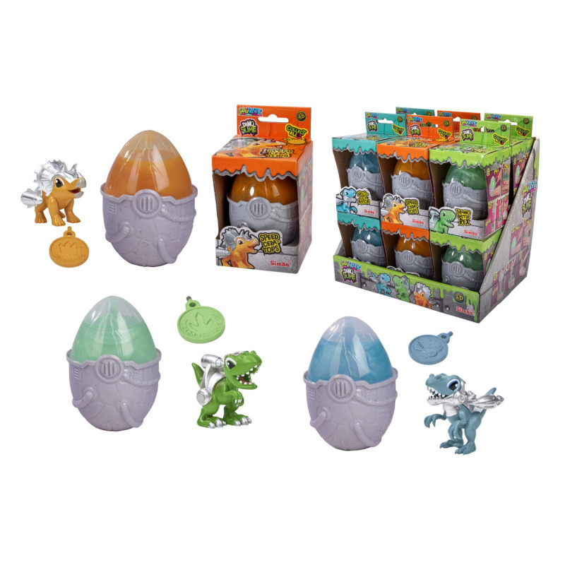 Dinosaurier-Eier mit Überraschungsfiguren und Münzen, teils verpackt, teils zur Ansicht des Inhalts geöffnet.