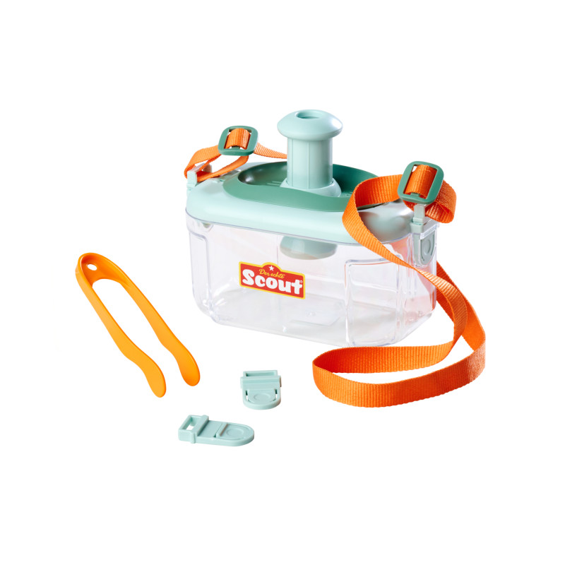 Transparente Käferbox mit orangem Band, grünem Deckel, Pinzette und Zubehör, Aufschrift: Scout.