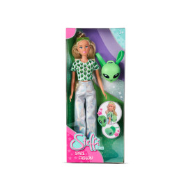 Steffi Love Puppe in Box mit grünem Alien-Print-Top, silberner Hose und grünem Alienmasken-Zubehör.