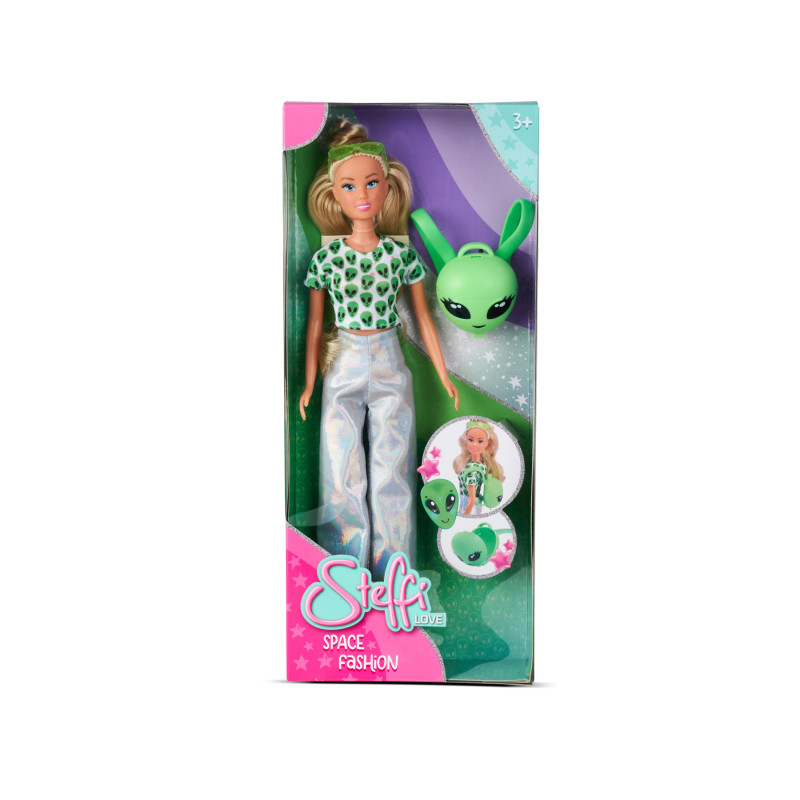 Steffi Love Puppe in Box mit grünem Alien-Print-Top, silberner Hose und grünem Alienmasken-Zubehör.