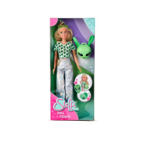 Steffi Love Puppe in Box mit grünem Alien-Print-Top, silberner Hose und grünem Alienmasken-Zubehör.