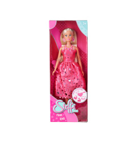 Steffi Love Puppe im pinken Kleid in rosa Box mit Herzen und "Pink Love"-Aufdruck auf der Vorderseite.
