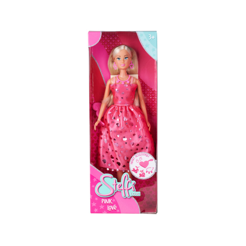 Steffi Love Puppe im pinken Kleid in rosa Box mit Herzen und "Pink Love"-Aufdruck auf der Vorderseite.