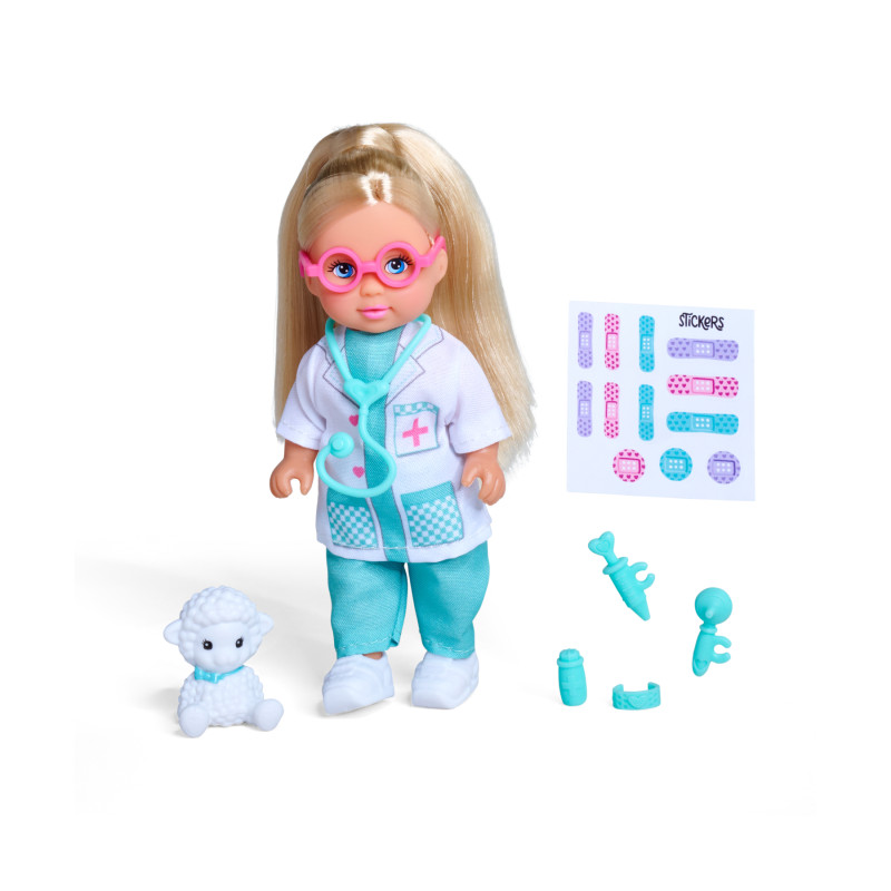 Blonde Puppe im Arztoutfit mit rosa Brille, Spielzeuglamm, medizinischem Zubehör und Stickerbogen.