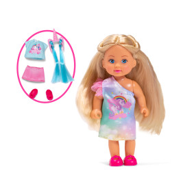 Blonde Puppe im Regenbogen-Einhornkleid mit pinken Schuhen, Zusatzkleidung, Extraschuhen und blauem Einhorn-Haarreif.