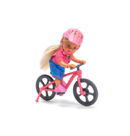 Puppe mit langen blonden Haaren, pinkem Helm und Outfit fährt auf einem pinken Fahrrad.