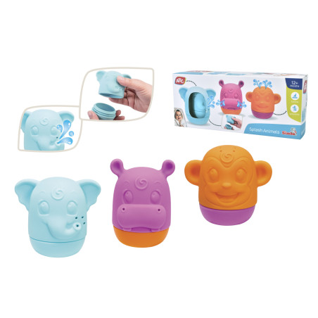 Drei bunte Tier-Bade-Spielzeuge (Elefant, Nilpferd, Affe) mit Verpackung und Hand, die sie demonstriert.