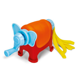 Buntes Elefantenspielzeug aus Plastik mit orangem Körper, blauem Rüssel und Ohren sowie gelbem, ballonartigem Schwanz.