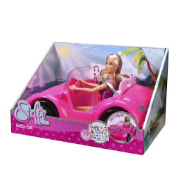 Steffi Love Puppe im rosa Cabrio-Spielzeugauto, incl. Deko-Stickern, als Steffi Love Beach Car verpackt.
