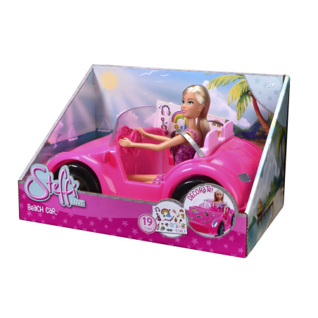 Steffi Love Puppe im rosa Cabrio-Spielzeugauto, incl. Deko-Stickern, als Steffi Love Beach Car verpackt.