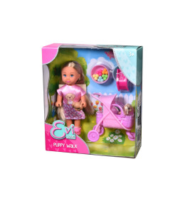 Evie Love Puppy Walk Puppen-Set mit Puppe, Hund, Kinderwagen und Zubehör in bunter Verpackung.