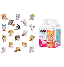 Kawaii Pups Sammelfiguren stehen um eine bunte Box mit einer Cartoon-Hundeillustration.