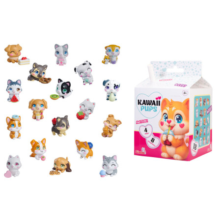 Kawaii Pups Sammelfiguren stehen um eine bunte Box mit einer Cartoon-Hundeillustration.