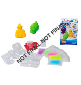 Jelly Gel Bastelset mit Formen, farbigen Gels, Werkzeugen und Beispielkreationen; Schachtel und Zubehör abgebildet.