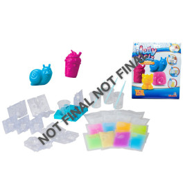 Jelly-Bastelset mit Formen, bunten Pulverpäckchen, Werkzeugen und Tierfiguren; Wasserzeichen "Not Final".