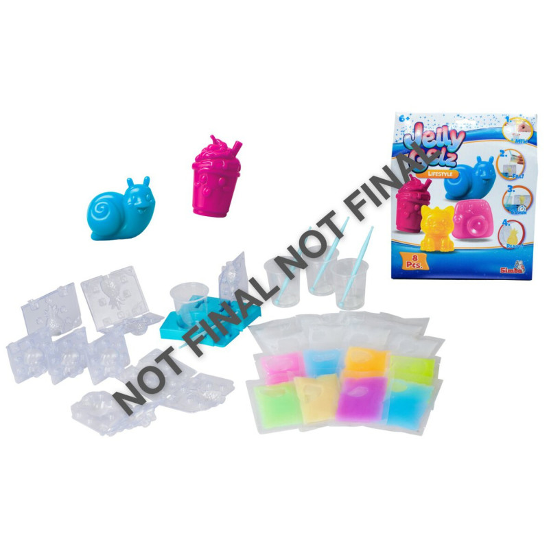 Jelly-Bastelset mit Formen, bunten Pulverpäckchen, Werkzeugen und Tierfiguren; Wasserzeichen "Not Final".