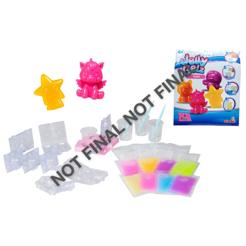 Jelly Pops Bastelset mit bunten Formen, Gelpäckchen, Werkzeugen und Verpackung, beschriftet mit NICHT FINAL.