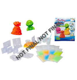 Set mit Gießformen, bunten Jelly-Mischungen, Figuren und Verpackung; Aufschrift: NICHT FINAL.