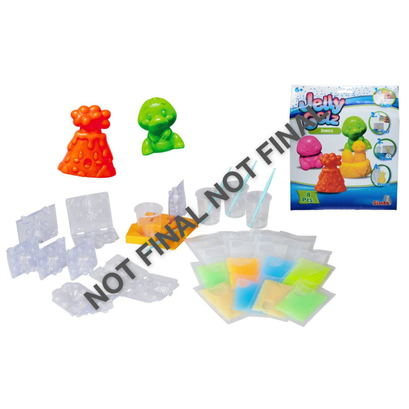 Set mit Gießformen, bunten Jelly-Mischungen, Figuren und Verpackung; Aufschrift: NICHT FINAL.