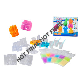 Jelly Gels Set mit Förmchen, Bechern, Rührstäbchen, Farbpulvern und Verpackung; NICHT FINALE Version im Bild.