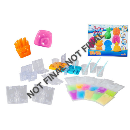 Jelly Gels Set mit Förmchen, Bechern, Rührstäbchen, Farbpulvern und Verpackung; NICHT FINALE Version im Bild.