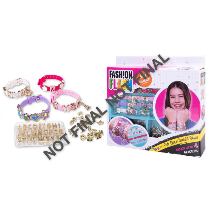 Mädchen-Armbandset mit bunten Bändern, Charms, Buchstabenperlen und einem lächelnden Mädchen auf der Verpackung.