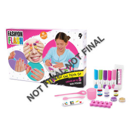 Fashion Flash DIY Nagellack-Set mit Box und Inhalt: Fläschchen, Werkzeuge und Zubehör sind sichtbar angeordnet.