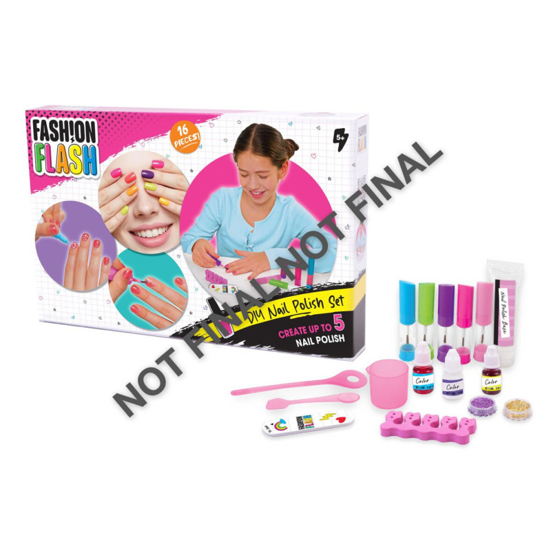Fashion Flash DIY Nagellack-Set mit Box und Inhalt: Fläschchen, Werkzeuge und Zubehör sind sichtbar angeordnet.