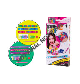 Fashion Flash DIY-Armbandset mit bunten Bändern, Edelsteinen, Kleber und lächelndem Mädchen auf der Verpackung.