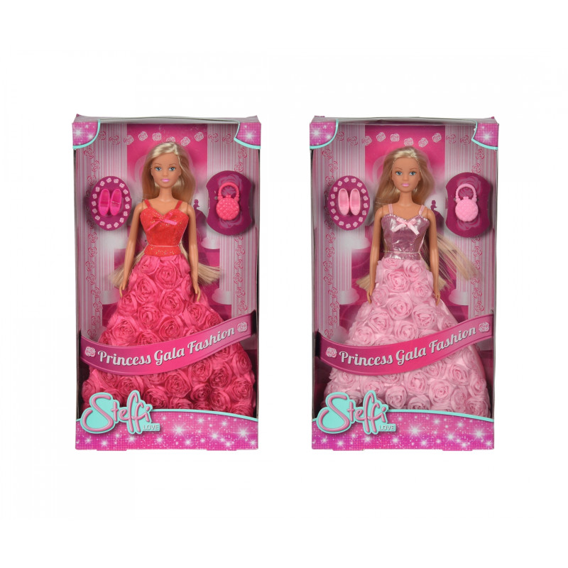 Zwei Modepuppen in rosa Kleidern samt Zubehör in Schachteln mit der Aufschrift "Princess Gala Fashion".