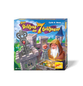 Spielschachtel mit Zauberer, Schlüssel, Schatz und dem Titel Das Schloss der 7 Schlösser.