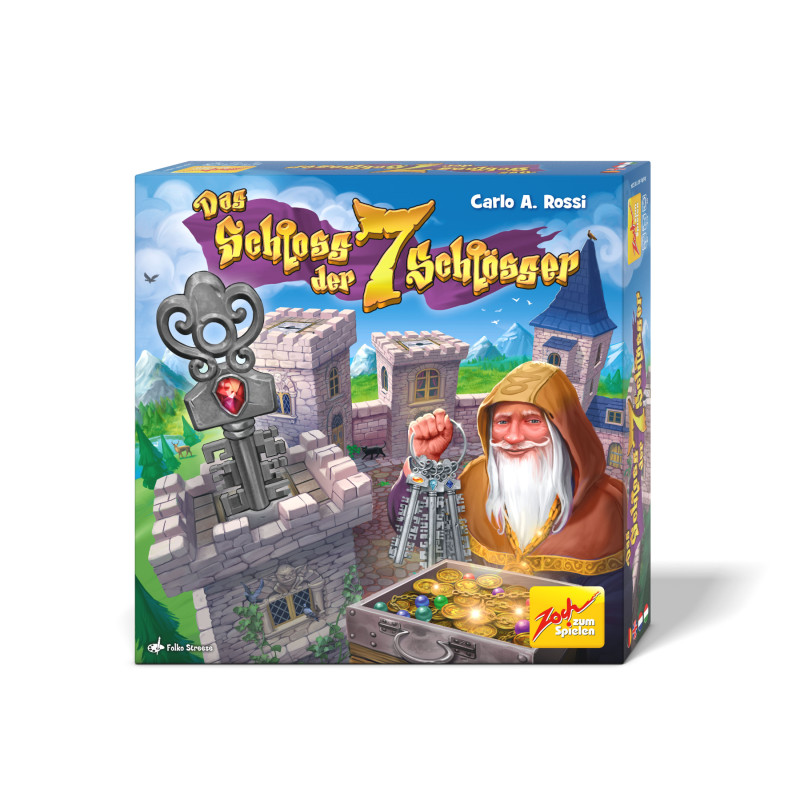Spielschachtel mit Zauberer, Schlüssel, Schatz und dem Titel Das Schloss der 7 Schlösser.