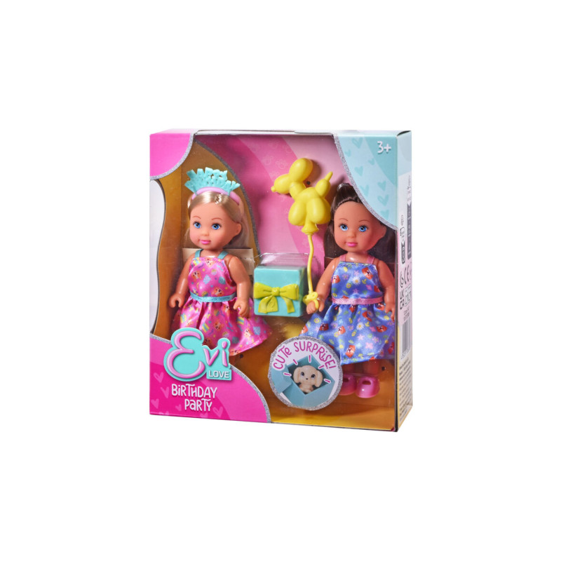 Zwei Puppen mit bunten Kleidern und Zubehör in einer Box, beschriftet mit Evi Love Birthday Party.