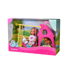 Evi Love Playground Puppenset mit Schaukel, Häschen, Hund, Kätzchen und rosa Spielhaus in bunter Verpackung.