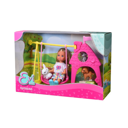 Evi Love Playground Puppenset mit Schaukel, Häschen, Hund, Kätzchen und rosa Spielhaus in bunter Verpackung.