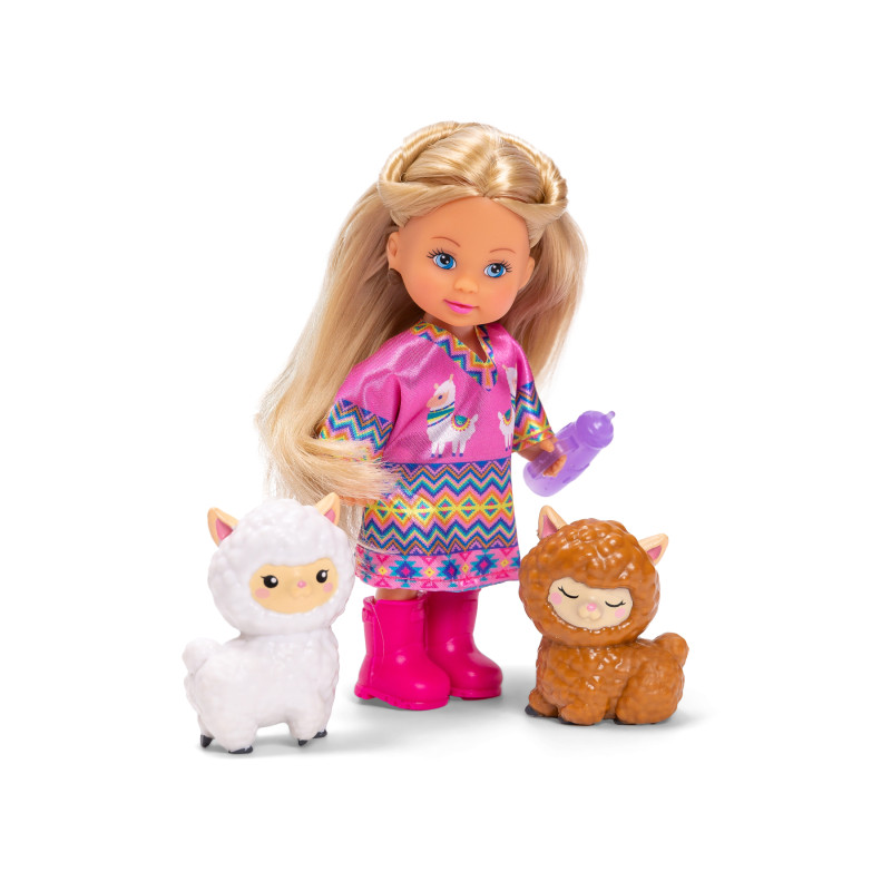Blonde Puppe im rosa Kleid und Stiefeln steht mit zwei Lama-Figuren und einer lila Flasche vor weißem Hintergrund.
