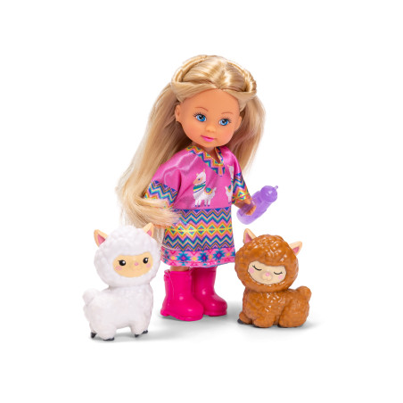 Blonde Puppe im rosa Kleid und Stiefeln steht mit zwei Lama-Figuren und einer lila Flasche vor weißem Hintergrund.