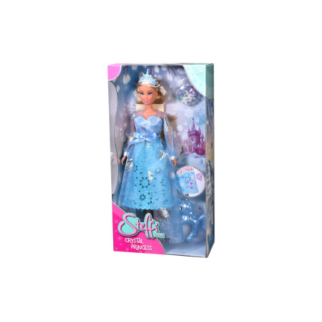 Steffi Love Crystal Princess Puppe im blauen Kleid mit Tiara, präsentiert in bunter Box mit Schlossmotiven.